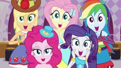 Size: 1024x576 | Tagged: safe, derpibooru import, screencap, applejack, fluttershy, pinkie pie, rainbow dash, rarity, equestria girls, bracelet, carousel boutique, clothes, dress, faic, fall formal outfits, hat, humane five, humane five's encounter, jewelry, lidded eyes, sleeveless, strapless, this is our big night, top hat