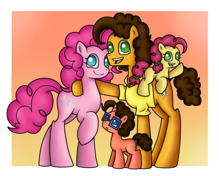 Size: 800x642 | Tagged: safe, artist:star-charm, derpibooru import, cheese sandwich, pinkie pie, oc, oc:cherry frosting, oc:color flare, cheesepie, family, female, glasses, male, offspring, parent:cheese sandwich, parent:pinkie pie, parents:cheesepie, shipping, straight