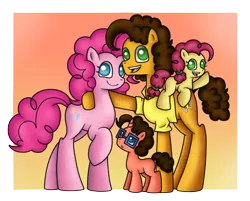 Size: 800x642 | Tagged: safe, artist:star-charm, derpibooru import, cheese sandwich, pinkie pie, oc, oc:cherry frosting, oc:color flare, cheesepie, family, female, glasses, male, offspring, parent:cheese sandwich, parent:pinkie pie, parents:cheesepie, shipping, straight