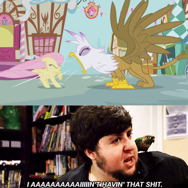 Size: 700x700 | Tagged: safe, derpibooru import, screencap, fluttershy, gilda, bird, gryphon, human, griffon the brush off, exploitable meme, gilda drama, i aint havin that shit, irl, irl human, jacques, jontron, jontron thread, meme, nightshade: the claws of heugh, photo, roar, vulgar