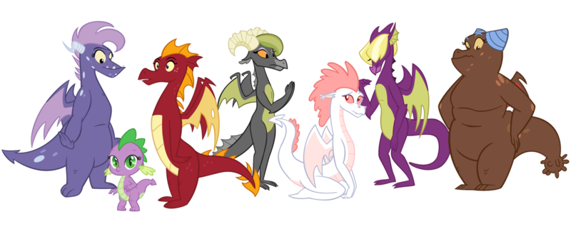 Size: 1600x669 | Tagged: artist:queencold, baby dragon, baff, barb, beff, clump, dart (rule 63), dragon, dragoness, fizzelle, fizzle, fume, garble, garbledina, implied transformation, pat (rule 63), rule 63, safe, simple background, spear (dragon), spike, teenaged dragon, transparent background, vex, vixen (rule 63)