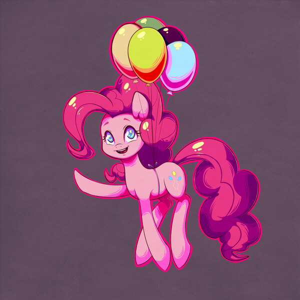 Size: 1500x1500 | Tagged: dead source, safe, artist:polkin, derpibooru import, pinkie pie, earth pony, pony, balloon, female, mare, open mouth, raised hoof, smiling, solo, then watch her balloons lift her up to the sky