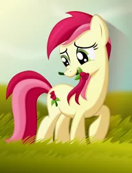 Size: 4960x6448 | Tagged: absurd resolution, artist:tajarnia, cute, derpibooru import, flower, flower in mouth, grass, mouth hold, rose, roseluck, safe, solo