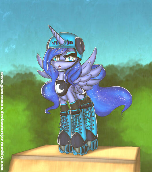 Size: 1500x1700 | Tagged: artist:gamermac, derpibooru import, helmet, ponies in roller skates, princess luna, roller skates, safe, skates, solo