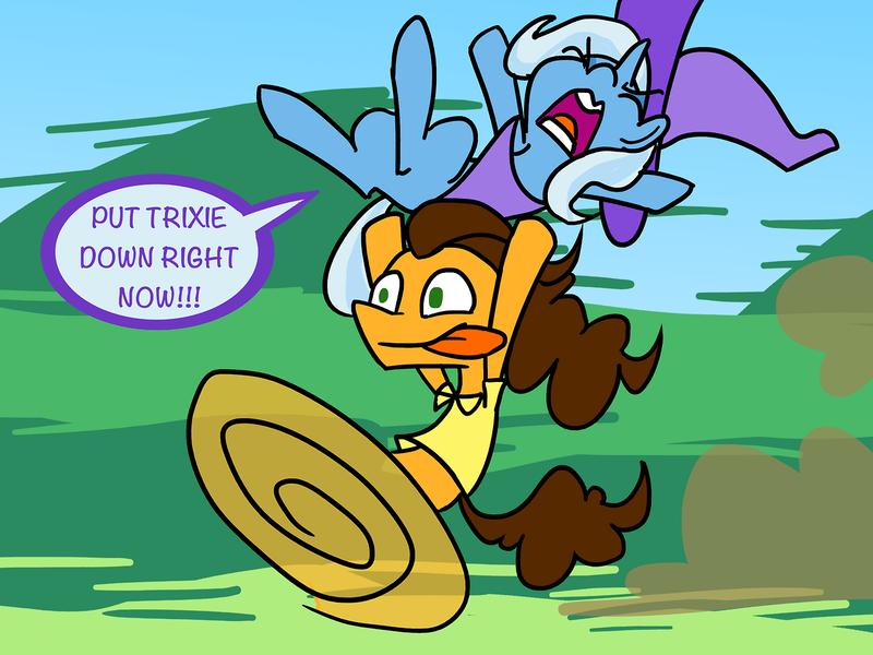 Size: 1280x960 | Tagged: artist:grandpalove, ask trixie and cheese, blank flank, cheese sandwich, derpibooru import, put me down, safe, trixie, tumblr, wheel o feet