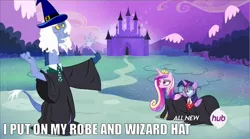 Size: 842x469 | Tagged: safe, derpibooru import, edit, edited screencap, screencap, discord, princess cadance, twilight sparkle, twilight sparkle (alicorn), alicorn, draconequus, pony, all new, bloodninja, blue flu, castle, female, glasses, hat, hub logo, i put on my robe and wizard hat, image macro, male, mare, meme, necktie, robes, text, twily trotter, wizard hat