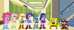 Size: 799x327 | Tagged: safe, artist:angrynoahs, derpibooru import, applejack, fluttershy, pinkie pie, rainbow dash, rarity, twilight sparkle, equestria girls, canterlot high, image, jpeg, mario, pixel art, spongebob squarepants, spongebob squarepants (character), sprite, super mario bros.