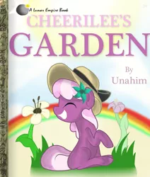 Size: 900x1062 | Tagged: semi-grimdark, artist:trace-101, derpibooru import, cheerilee, earth pony, pony, fanfic, fanfic:cheerilee's garden, blank flank, cheeribetes, children's book, cover, crossing the line twice, cute, eyes closed, fanfic art, female, flower, flower in hair, grass, grimcute, hat, implied grimdark, little golden book, mare, missing cutie mark, parody, rainbow, sitting, smiling, solo, text, we are going to hell