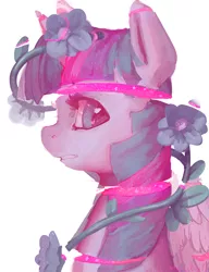 Size: 800x1041 | Tagged: semi-grimdark, artist:mewball, derpibooru import, twilight sparkle, twilight sparkle (alicorn), alicorn, pony, candy gore, color porn, female, flower, gore, looking at you, mare, modular, profile, solo, surreal, vine