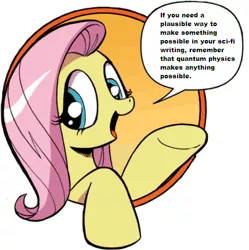 Size: 429x431 | Tagged: bad advice fluttershy, derpibooru import, exploitable meme, fluttershy, idw, meme, quantum physics, safe, solo