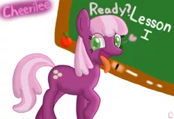 Size: 744x510 | Tagged: safe, artist:x157258, derpibooru import, cheerilee, earth pony, pony, apple, chalk, chalkboard, female, food, heart, looking at you, mare, open mouth, raised hoof, simple background, smiling, solo, text, tongue out, white background