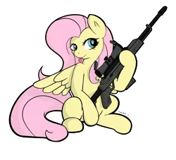 Size: 2750x2500 | Tagged: safe, artist:keeponhatin, derpibooru import, fluttershy, pegasus, pony, female, gun, hooves, mare, optical sight, rifle, signature, simple background, sitting, sniper rifle, snipershy, solo, spread wings, tongue out, transparent background, weapon, wings