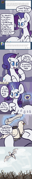 Size: 604x3325 | Tagged: artist:otterlore, ask, bird, comic, derpibooru import, drider, flying, letter, monster pony, original species, pigeon, rarity, safe, scroll, species swap, spider, spiderpony, spiderponyrarity, tree, tumblr