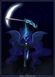 Size: 900x1248 | Tagged: artist:vongrell, derpibooru import, magic, night, princess luna, safe, scythe, solo, stars, warrior luna