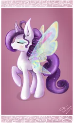 Size: 1457x2400 | Tagged: safe, artist:wilvarin-liadon, derpibooru import, rarity, pony, eyes closed, female, glimmer wings, mare, solo