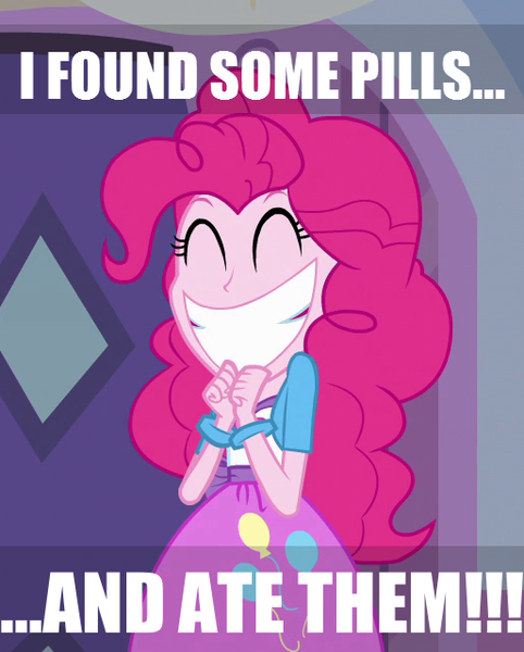 Size: 514x640 | Tagged: safe, derpibooru import, edit, edited screencap, screencap, pinkie pie, equestria girls, faic, happy, i found pills and ate them, image macro, irrational exuberance, meme, smiling, solo, xk-class end-of-the-world scenario