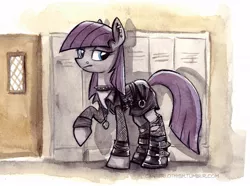 Size: 616x458 | Tagged: safe, artist:kenket, artist:spainfischer, derpibooru import, maud pie, earth pony, pony, boots, canterlot high, canterlot high blog, choker, door, ear piercing, earring, fishnets, goth, lidded eyes, looking at you, looking back, necklace, nose piercing, piercing, raised hoof, solo, spiked choker