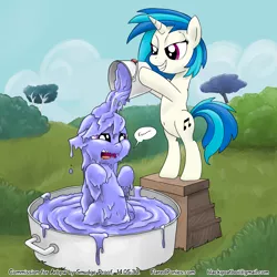 Size: 1000x1000 | Tagged: safe, artist:smudge proof, derpibooru import, octavia melody, smooze, vinyl scratch, goo, pony, unicorn, bedroom eyes, belly button, bipedal, bucket, commission, disgusted, female, floppy ears, gloop, grin, gunge, messy, ooze, open mouth, public, slime, smiling