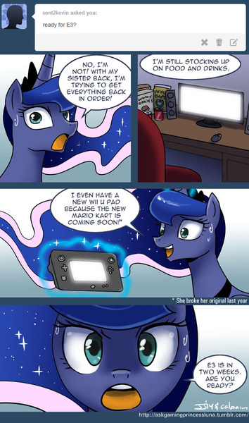 Size: 550x933 | Tagged: artist:johnjoseco, ask gaming princess luna, chips, comic, computer, computer mouse, cookie, derpibooru import, e3, food, potato chips, princess luna, safe, soda, speakers, tumblr, wii u, wii u touchpad