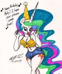 Size: 1063x1259 | Tagged: anthro, artist:newyorkx3, belly button, breasts, cleavage, derpibooru import, female, happy birthday, hat, midriff, party hat, princess celestia, safe, solo, traditional art