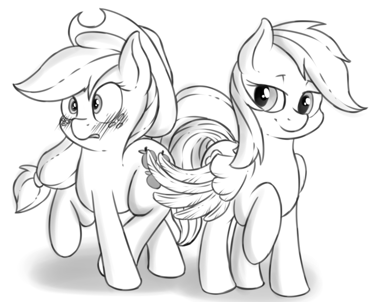 Size: 1250x1000 | Tagged: safe, artist:fearingfun, derpibooru import, applejack, rainbow dash, appledash, bedroom eyes, blushing, butt touch, feathermarking, female, gritted teeth, lesbian, monochrome, never doubt tchernobog's involvement, raised hoof, raised leg, shipping, smiling, surprised, wide eyes