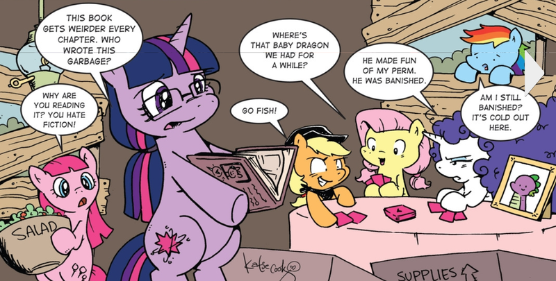 Size: 1190x602 | Tagged: applejack, artist:katiecandraw, dark mirror universe, derpibooru import, equestria-3, fluttershy, frority, idw, katie does it again, mane six, pinkamena diane pie, pinkie pie, rainbow dash, rarity, safe, spoiler:comic, spoiler:comic19, twilight sparkle