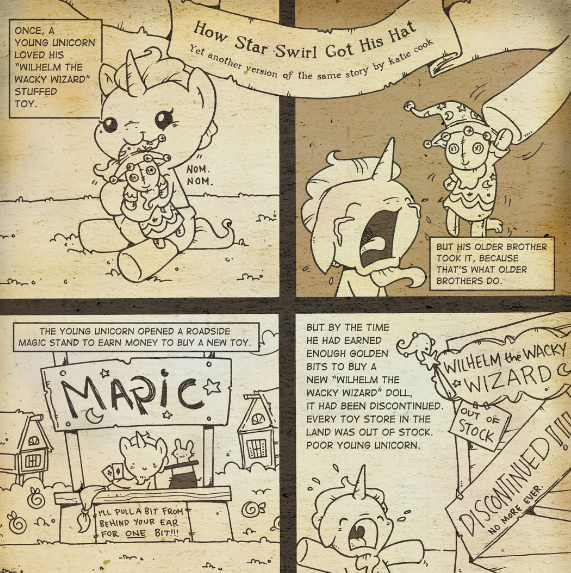 Size: 571x573 | Tagged: safe, artist:katiecandraw, derpibooru import, idw, star swirl the bearded, pony, unicorn, spoiler:comic, spoiler:comic19, colt, comic, foal, monochrome, official comic, sepia, wilhelm the wacky wizard, younger