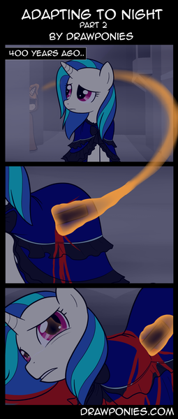 Size: 850x2000 | Tagged: semi-grimdark, artist:terminuslucis, derpibooru import, vinyl scratch, pony, unicorn, comic:adapting to night, blood, comic, flashback, imminent death, melody song, stabbing, violence