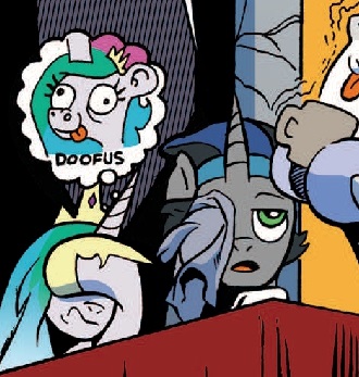Size: 330x347 | Tagged: safe, artist:andypriceart, derpibooru import, idw, king sombra, princess celestia, star swirl the bearded, spoiler:comic, spoiler:comic19, andy you magnificent bastard, celestibra, coffee, derp, derplestia, doofus, embarrassed, facehoof, female, good king sombra, male, meme, shipping, special eyes, spit take, straight, tongue out