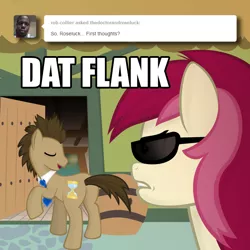 Size: 700x700 | Tagged: artist:heylaughingboy, ask, derpibooru import, doctor whooves, eyes closed, image macro, meme, roseluck, safe, sunglasses, thedoctorandroseluck, time turner, tumblr