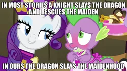 Size: 1152x648 | Tagged: suggestive, derpibooru import, edit, edited screencap, screencap, rarity, spike, dragon, pony, unicorn, dragon quest, apron, blushing, caption, clothes, dress, female, food, image macro, implied sex, male, mare, meme, naked apron, rarity's bad pickup lines, shipping, sparity, straight, text