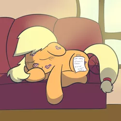 Size: 2000x2000 | Tagged: applejack, artist:abstract-spectrum, couch, derpibooru import, implied lesbian, implied rarijack, kiss mark, lipstick, note, safe, sleeping, solo