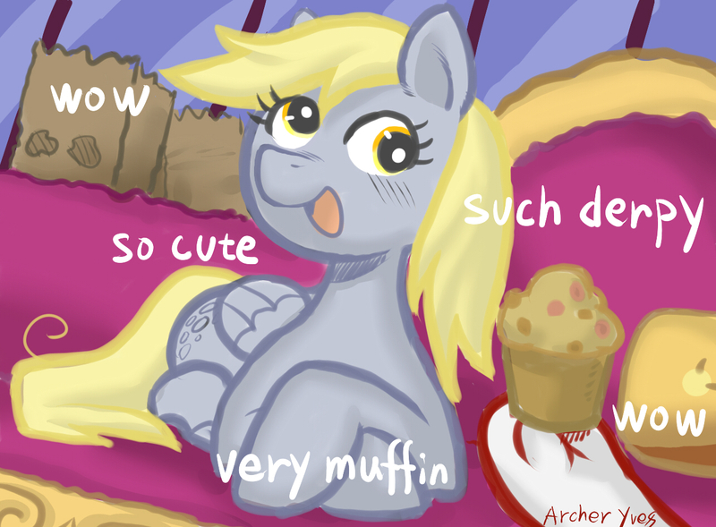 Size: 1282x944 | Tagged: safe, artist:archeryves, derpibooru import, derpy hooves, pegasus, pony, shiba inu, blushing, cute, derpabetes, doge, female, happy, hoof hold, mare, meme, muffin, open mouth, parody, pixiv, ponified animal photo, ponified meme, prone, smiling, solo, underhoof
