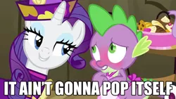 Size: 1152x648 | Tagged: suggestive, derpibooru import, edit, edited screencap, screencap, rarity, spike, dragon, pony, unicorn, dragon quest, apron, blushing, caption, cherry pop, clothes, female, food, image macro, implied sex, innuendo, male, mare, meme, naked apron, rarity's bad pickup lines, shipping, sparity, straight, text
