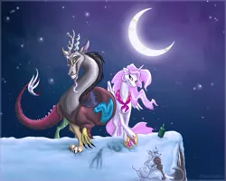 Size: 927x740 | Tagged: safe, artist:jaylacinechiboa, derpibooru import, discord, princess celestia, dancing, dislestia, female, interspecies, male, moon, night, pink-mane celestia, roof, shipping, snow, snowfall, straight, younger