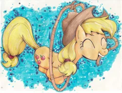 Size: 2424x1864 | Tagged: applejack, artist:ilacavgbmjc, derpibooru import, eyes closed, jumping, lasso, mouth hold, safe, solo, traditional art