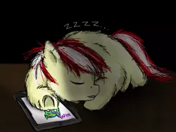 Size: 1024x768 | Tagged: artist:waggytail, derpibooru import, fluffy pony, ipad, oc, oc:waggyfluff, safe, sleeping, solo, unofficial characters only, zzz