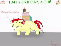 Size: 1024x768 | Tagged: aichi, artist:waggytail, cake, derpibooru import, fluffy pony, happy birthday, oc, oc:waggyfluff, safe, solo, unofficial characters only