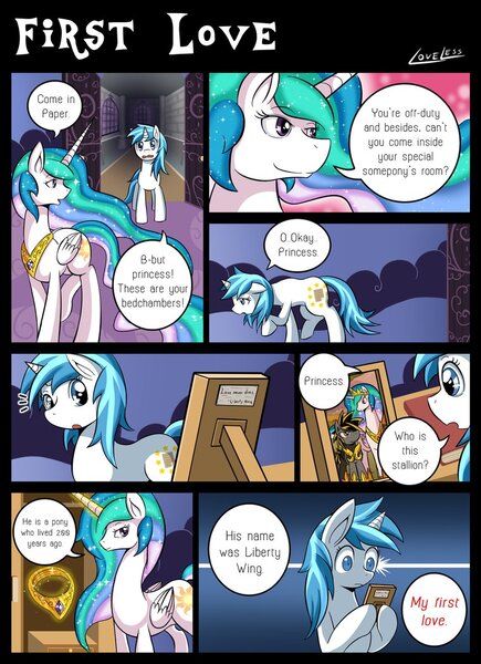 Size: 761x1049 | Tagged: safe, artist:vavacung, derpibooru import, princess celestia, oc, oc:liberty wing, oc:paper mache, pony, comic:to love god - to love mortal, canon x oc, comic, female, mare