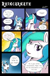 Size: 1024x1561 | Tagged: safe, artist:vavacung, derpibooru import, princess celestia, oc, oc:paper mache, pony, comic:to love god - to love mortal, bedroom, canon x oc, comic, crying, eyes closed, female, giggling, mare, open mouth, picture frame, reincarnation, smiling, sweat