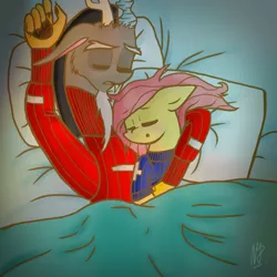 Size: 1000x1000 | Tagged: safe, artist:darkestsunset, derpibooru import, discord, fluttershy, bed, clothes, cuddling, discoshy, female, male, shipping, sleeping, snuggling, straight, sweater, sweatershy