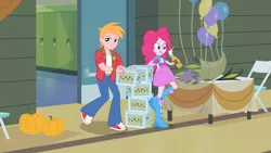 Size: 1366x768 | Tagged: safe, derpibooru import, screencap, big macintosh, pinkie pie, equestria girls, apple cider, balloon, boots, bracelet, cider, corn, cornucopia, food, grapes, high heel boots, jewelry, pinkie being pinkie, prehensile mane, pumpkin