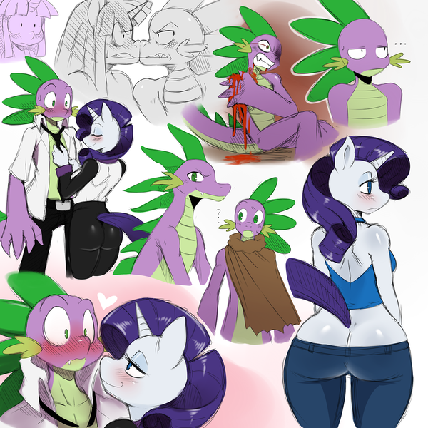 Size: 1280x1280 | Tagged: grimdark, suggestive, artist:ss2sonic, derpibooru import, rarity, spike, twilight sparkle, anthro, amputation, amputee, ass, bedroom eyes, bleeding, blood, blushing, boop, breasts, buttcrack, cloak, clothes, confused, eye contact, female, frown, glare, gritted teeth, male, noseboop, question mark, rearity, shipping, smiling, smirk, sparity, straight, sweat, undressing, wide eyes