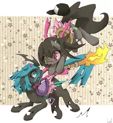 Size: 1000x1089 | Tagged: artist:kolshica, bandaid, derpibooru import, earring, floppy ears, harmless-chryssii, hat, heterochromia, oc, oc:blazing saddles, open mouth, queen chrysalis, saddle, safe, torch