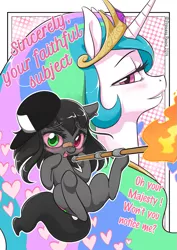 Size: 723x1023 | Tagged: safe, artist:reavz, derpibooru import, princess celestia, oc, oc:blazing saddles, ask blazing saddles, bandaid, bloodshot eyes, blushing, cover, earring, hat, heterochromia, joke, torch