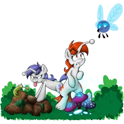 Size: 800x800 | Tagged: safe, artist:dfectivedvice, derpibooru import, oc, oc:discentia, oc:karma, unofficial characters only, chameleon, parasprite, colored, mushroom, mushrooms, reddit, simple background, tongue out, transparent background