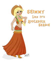 Size: 400x489 | Tagged: applejack, artist:zellykat, belly button, belly dancer, belly dancer outfit, bikini top, cleavage, clothes, derpibooru import, female, hat, human, humanized, jewelry, long skirt, midriff, safe, shoes, simple background, skirt, solo, transparent background