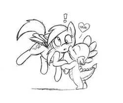 Size: 1200x1007 | Tagged: safe, artist:mickeymonster, derpibooru import, derpy hooves, spike, pegasus, pony, blushing, derpyspike, exclamation point, female, kiss on the cheek, kissing, mare, monochrome, shipping, sketch