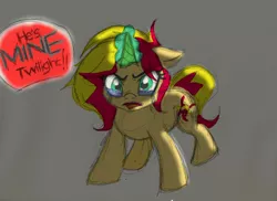 Size: 3040x2210 | Tagged: safe, artist:knight-of-bacon, derpibooru import, sunset shimmer, pony, unicorn, angry, crying, floppy ears, frown, glare, implied flashimmer, implied shipping, implied straight, jealous, magic, messy mane, open mouth, rough sketch, shitposting, solo, sunsad shimmer, wide eyes