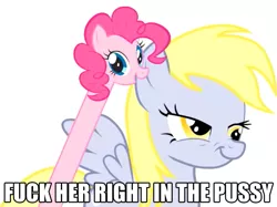 Size: 769x574 | Tagged: suggestive, derpibooru import, derpy hooves, pinkie pie, pegasus, pony, :t, bedroom eyes, ear bite, female, fuck her right in the pussy, image macro, long neck, mare, meme, nope.avi, nose wrinkle, smiling, spread wings, vulgar